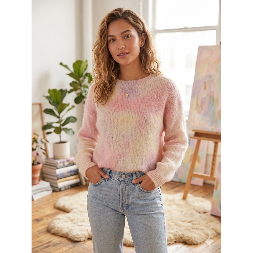 Fangyan Mohair Wool Blend Watercolor Pastel Tie Dye Crew Neck Sweater One Size